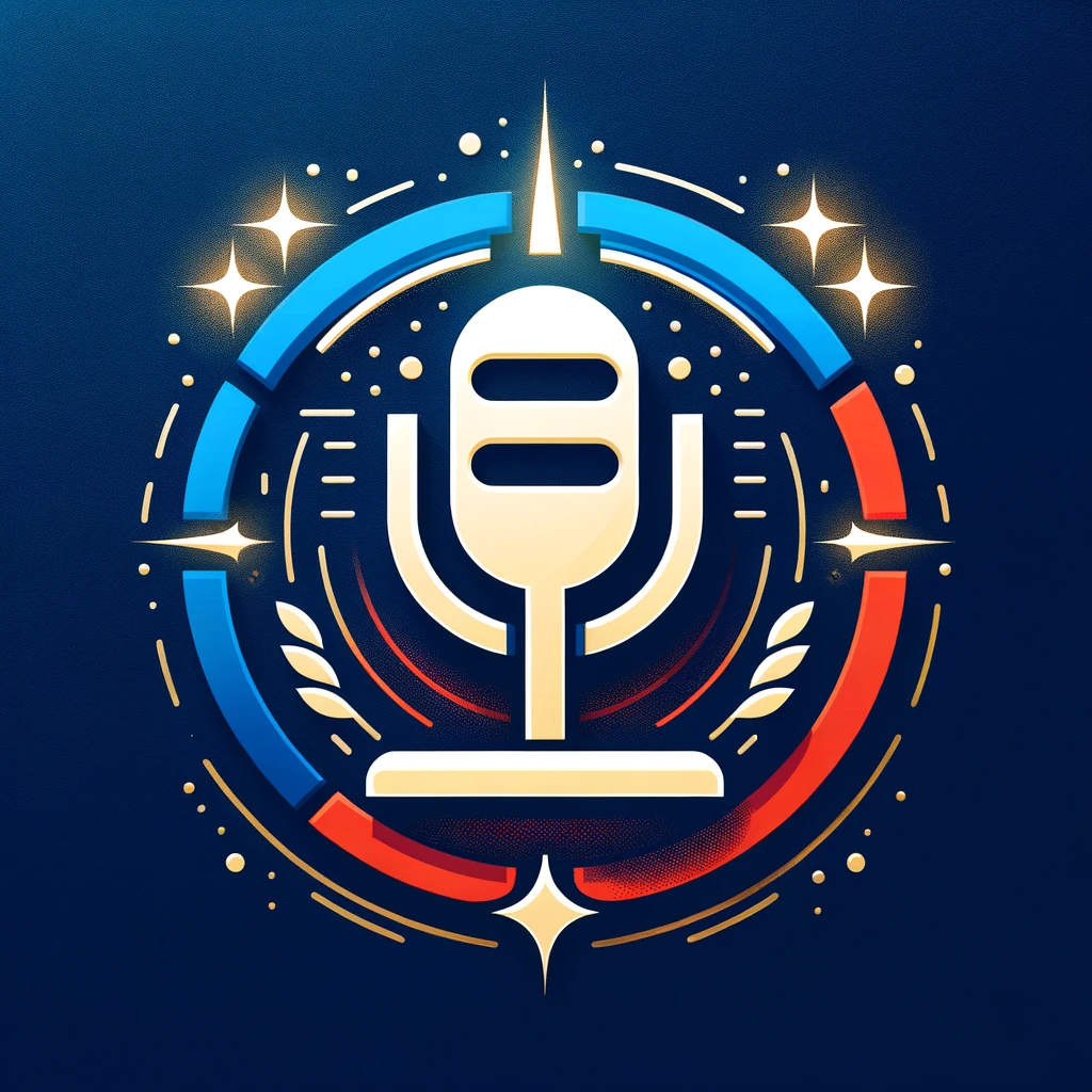 Graphic design of microphone in blue, red and gold