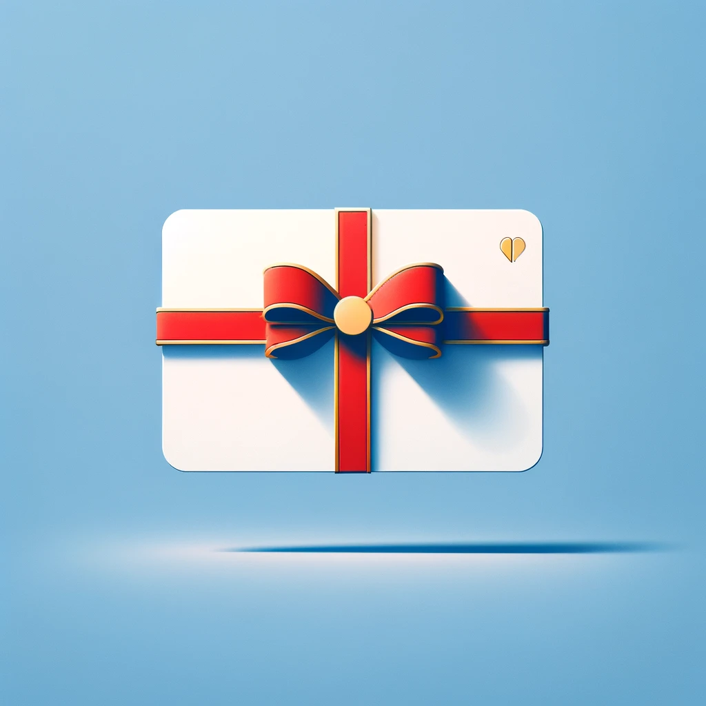 Graphic design of gift card with red bow and blue background